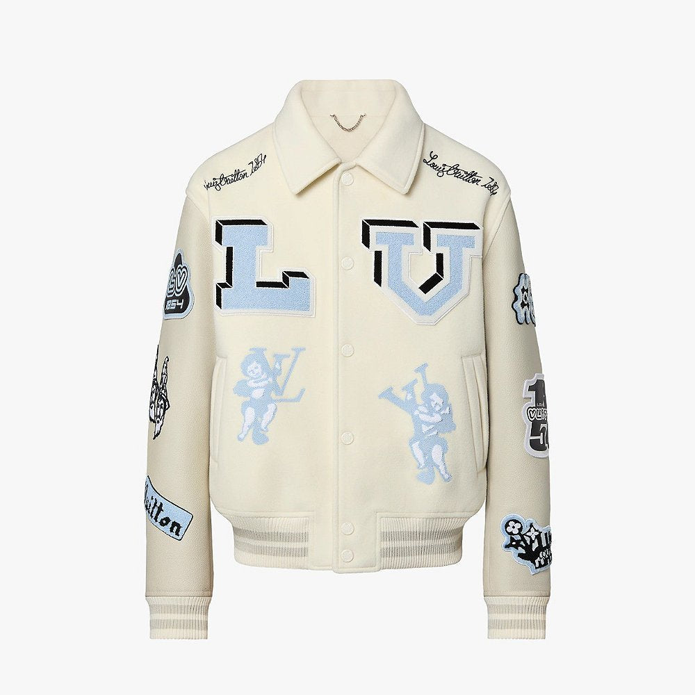 Chamarra Louis Vuitton Varsity En Piel Bordada “Multi-Patches Mixed/Milky White”